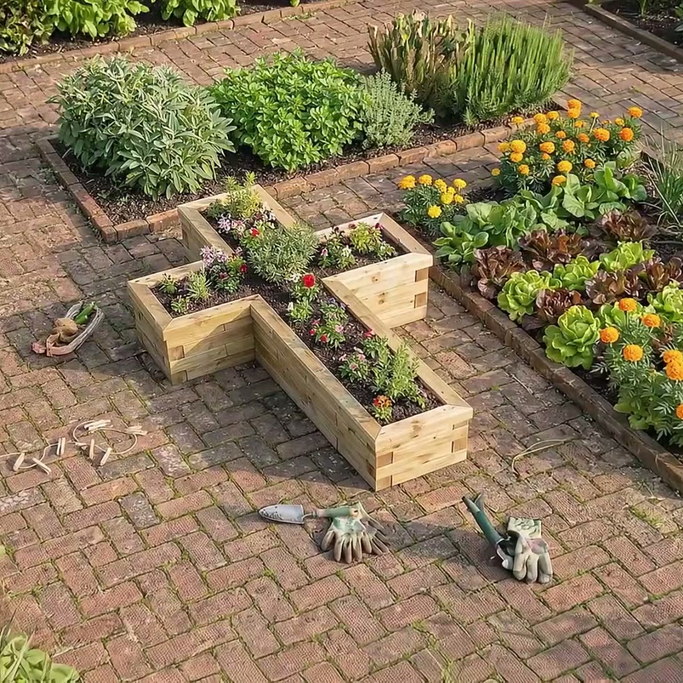 Jardinera de madera en forma de cruz / 1,35 x 2,4 x 0,45 m