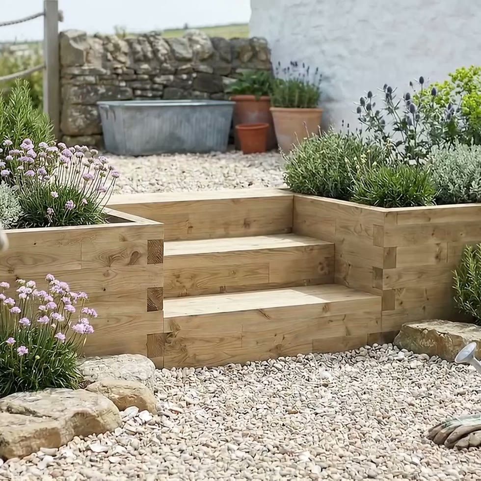 Escaleras de madera para jardín / 127,5 x 112,5 x 65 cm