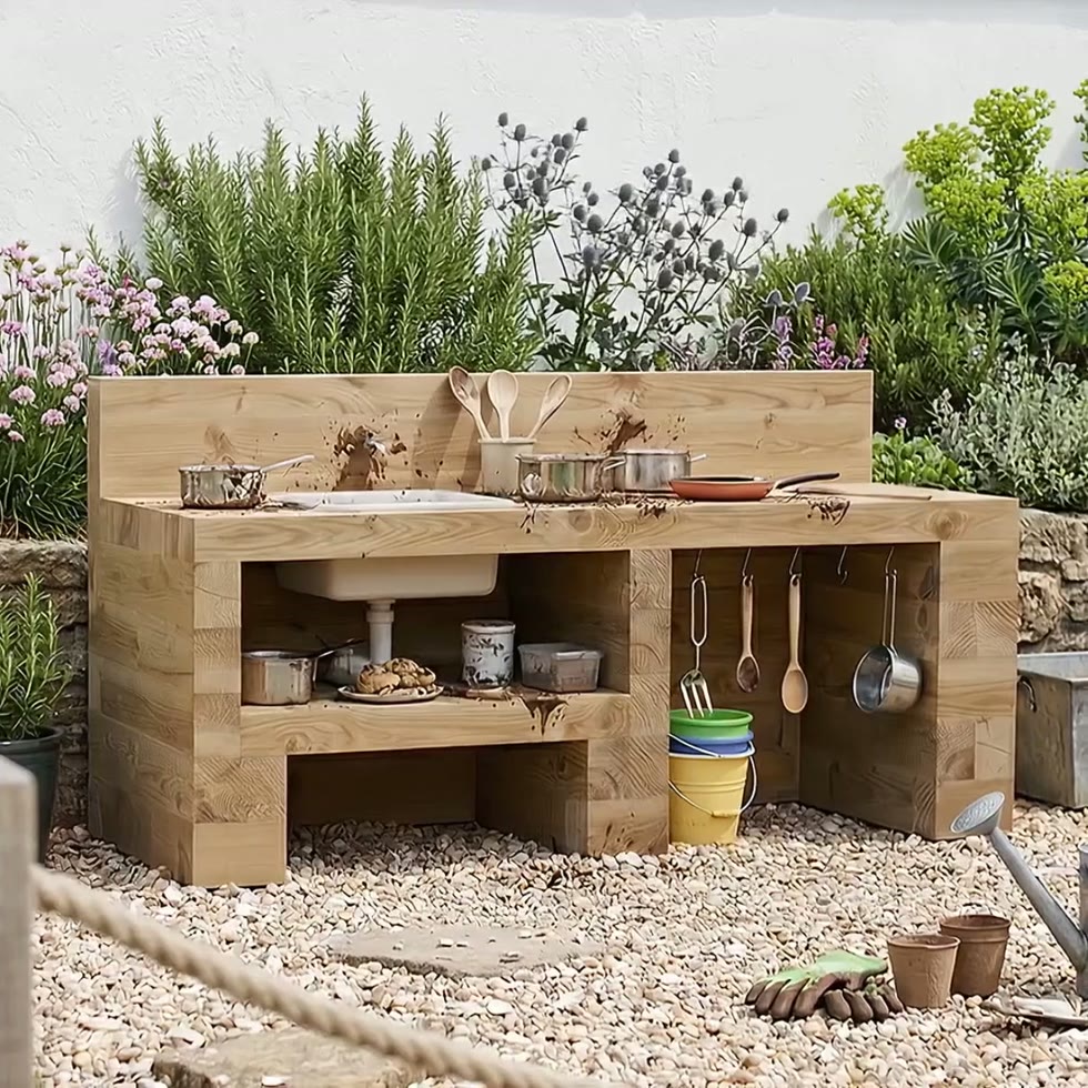 Cocina de barro para niños / 150 x 60 x 55,0 cm