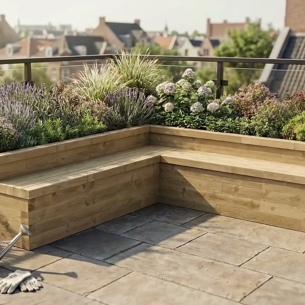 Jardinera elevada grande en forma de L con asientos / 375 x 375 x 65 cm