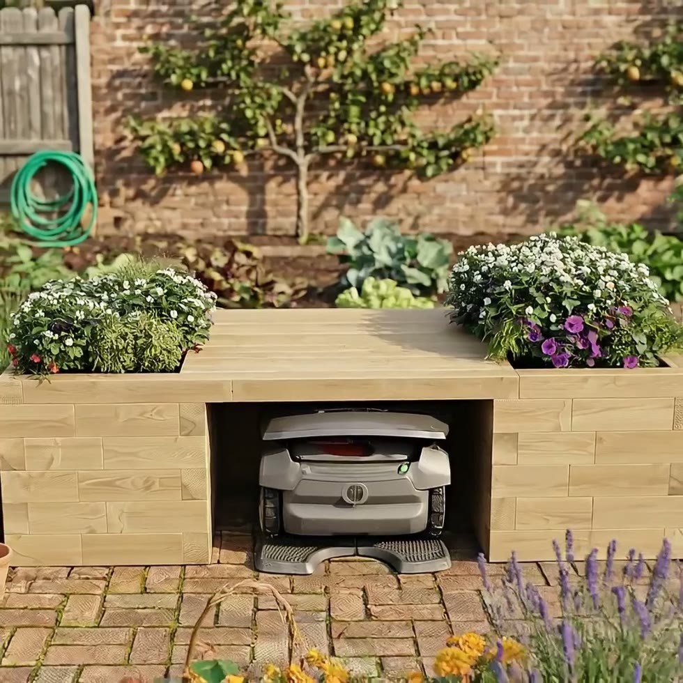 Garaje para robot cortacésped con banco para jardineras / 202,5 x 90 x 55,0 cm