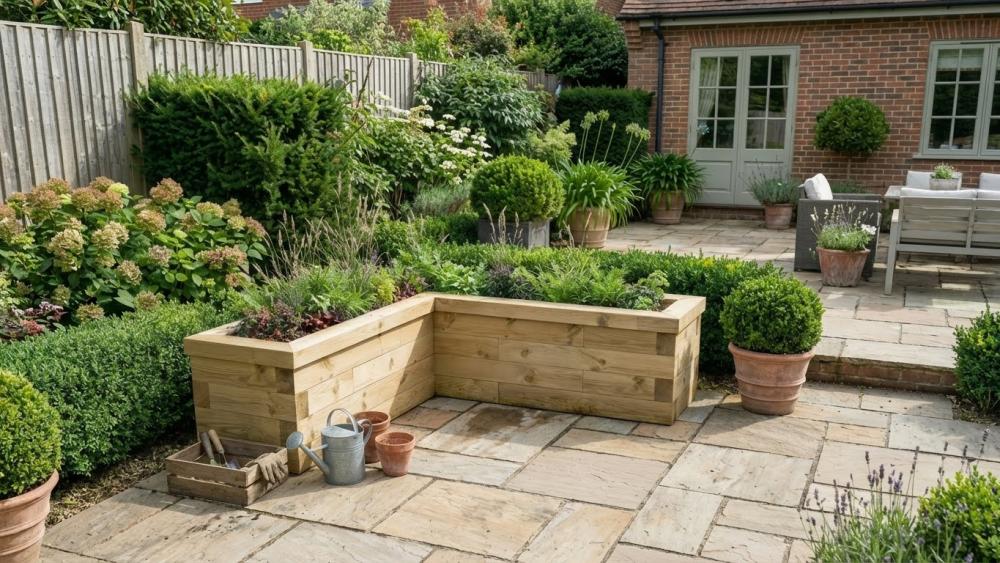 Jardinera esquinera en forma de L de madera construida con componentes WoodBlocX