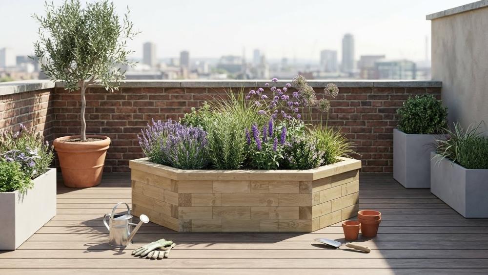Jardineras de madera curvas y angulares construidas con componentes WoodBlocX