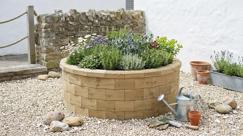 Jardinera circular de madera construida con componentes WoodBlocX