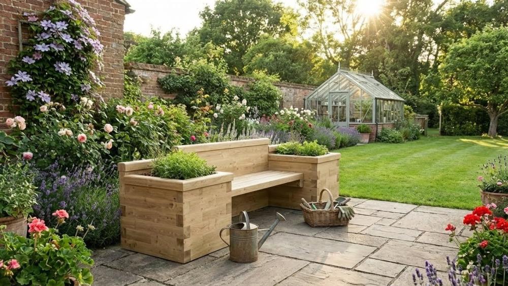 Banco de jardín de madera con jardineras integradas construido con componentes WoodBlocX