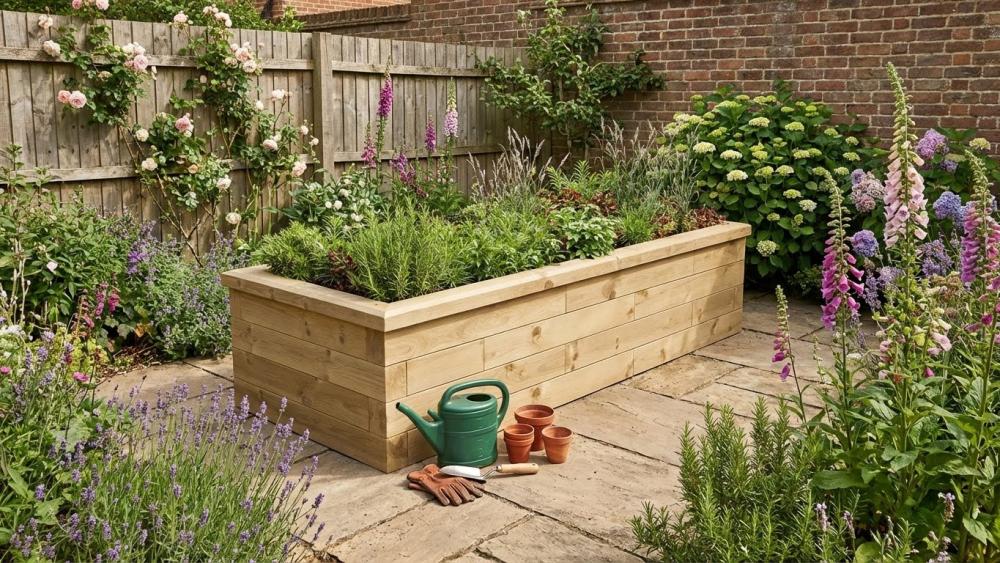 Jardinera rectangular de madera construida con componentes WoodBlocX