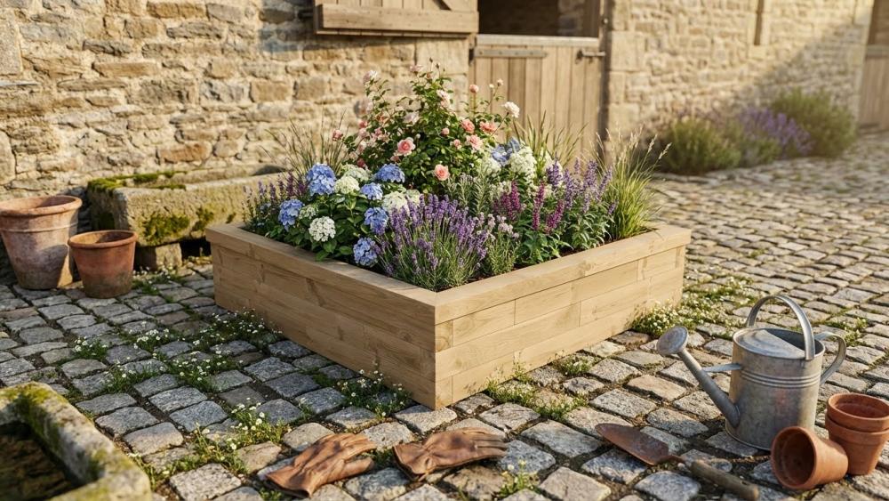 Jardinera de madera para jardín construida con componentes WoodBlocX