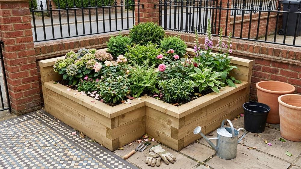 Jardineras escalonadas de madera construidas con componentes WoodBlocX