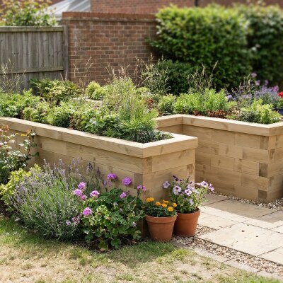Jardinera de madera en forma de H / 2,25 x 1,65 x 0,55 m