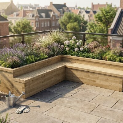Jardinera elevada grande en forma de L con asientos / 3,75 x 3,75 x 0,65 m