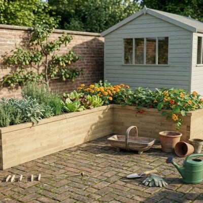 Jardinera esquinera grande en forma de L / 412,5 x 262,5 x 82,5 x 82,5 x 65 cm