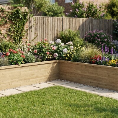 Jardinera elevada de madera en forma de L / 375 x 375 x 82,5 x 75 cm