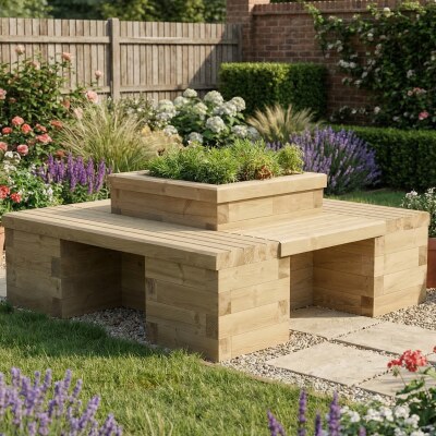 Asiento de jardinera de cuatro lados con bancal central / 150 x 150 x 45 cm
