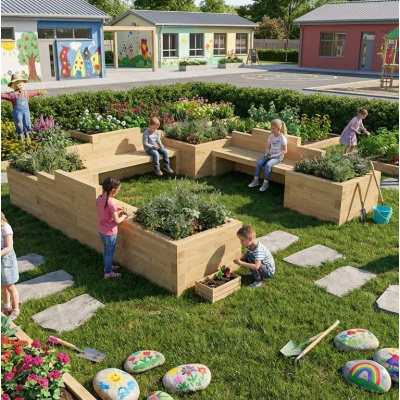 Banco con tres jardineras para niños / 300 x 300 x 65 cm